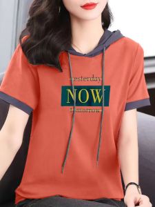 Summer New Style Loose Fit Cotton Hoodie Short Sleeve Womens T-Shirt plus Size Slimming Color Block Design Commute Style