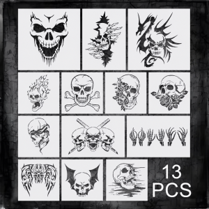13PCS 8-12inch Skull Painting Stencils Reusable Halloween Templates for Wall Fabric Canvas DIY Craft Decor