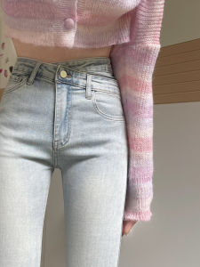 150 Little Sized Man Asymmetrical Narrow Version Denim Womens Stylish High Waist Straight-leg Horseshoe Pants Xs High