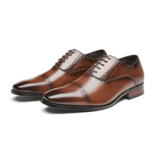 Business Formal Oxford Mens Shoes Leather Lace-Up Brogue Design Brown Color Youth Fashion Low Heel Breathable Business Shoes