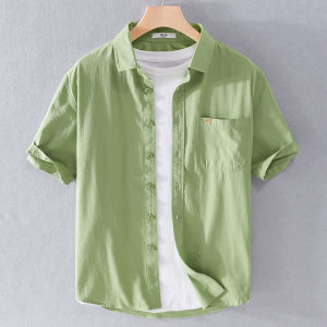 Áo Sơ Mi Nam Tay Ngắn Mùa Hè Màu Trơn Tươi Mới Toàn Bộ Cotton Dáng Rộng Thoải Mái Thường Ngày Thời Trang Áo Khoác Ngoài