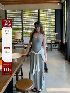 Grey Knitted Strap Dress Womens Slimming A-Line Vest Dress Long Dress Hhyii Daily Diary TINIKENG Commute Style Spring 2025