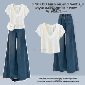 NUMEN BUTTON | Summer French Style Short Sleeve Top Wide Leg Slimming Denim Pant Two-Piece Suit