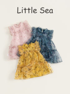 Princess Style Summer Dress for Girls with Lace Trim Mesh Skirt Flying Sleeves Sweet Style Childrens Clothing Polyester Fiber