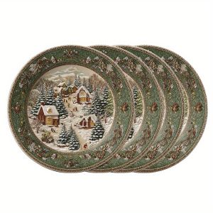 VIKAMA 4PC Winter Solstice Snowscape Bàn Ăn Thảm Rừng Thông Thiết Kế Người Tuyết Bằng Vải Polyester Không Dệt Trang Trí Bữa Ăn