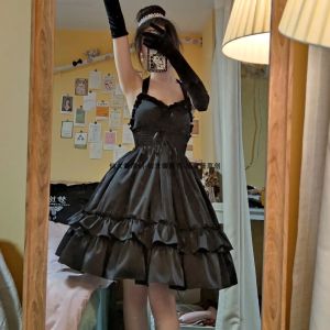 Váy Lolita Không Tay Cổ Treo Màu Trơn Cạp Cao Mùa Hè Váy Đi Biển Thường Ngày Cho Nữ