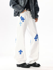 กางเกงยีนส์ทรงตรงหลวมๆ สไตล์อเมริกัน ทรงหลวมๆ สำหรับผู้ชายและผู้หญิง กางเกงขายาวทรงหลวมๆ สไตล์สตรีทสีขาว