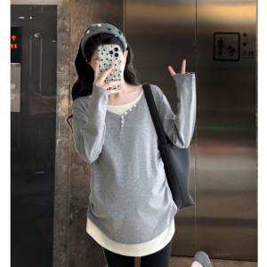 Áo Len Dệt Kim Dài Tay Mùa Thu Dành Cho Bà Bầu Áo Sơ Mi Hai Mảnh Giả Màu Tương Phản Cổ Tròn Dài Vừa Phải