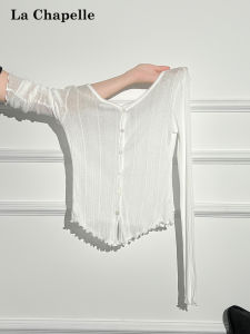La Chapelle White V-Neck Button Wooden Edge Thin Long Sleeve Open Cardigan Womens Slim Design Sense Top Autumn Season