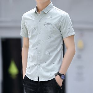 ROMON | Lormen Mens Short Sleeve Shirt Summer Thin Fashion Iron-Free Print Casual Ice Silk Slim Fit Shirt Jacket Lightweight Breathable