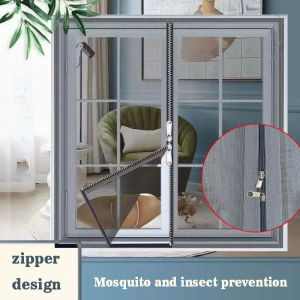 Summer Middle Zipper Mosquito Screen Window Dense Mesh Gray Trim Removable Washable Self-Adhesive Drill-Free