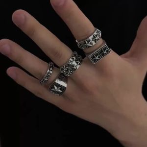Salircon 5 Pcs Hip Hop Punk Style Star Adjustable Opening Ring Set for Men Unique Silver Color Metal Chunky Ring Jewelry New
