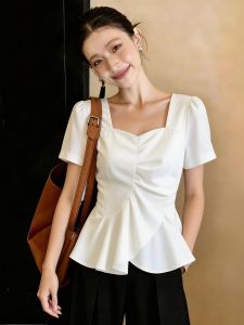 SHUAIYUE | Áo Thun Tay Ngắn Cổ Vuông Phong Cách Pháp Elegance Ôm Sát Trắng