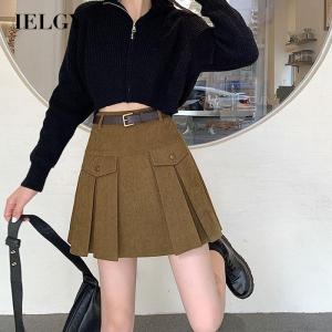 IELGY Chân Váy Xếp Ly Vải Nhung Kẻ Cạp Cao Dáng Chữ A Dáng Ôm Cho Nữ