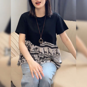 Color Block Cat Print Loose Fit round Neck Short Sleeve T-Shirt Womens Summer New Design Base Shirt Top High Waist Straight Cut