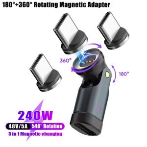Magnetic Type-C to USB-C OTG Adapter 540 Degree PD3.1 240W Fast Charging 9Pin Magnet USB-C Female Converter For Macbook Samsung