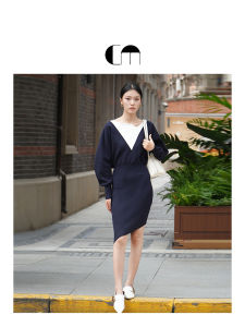 Autumn Winter Chic Color Block Knitted Pullover Dress