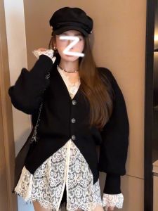 Elegant Lace Knitted Long Sleeve V-Neck Base Shirt Womens Fashion Set Two-Piece Black Cardigan Open Front Casual Wear