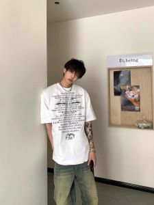 เสื้อยืดคอกลมแขนสั้นผ้าฝ้ายแท้สไตล์ย้อนยุคสไตล์อเมริกันสำหรับผู้ชาย สีขาว ทรงหลวม แฟชั่นฤดูร้อน แบรนด์จีนแผ่นดินใหญ่