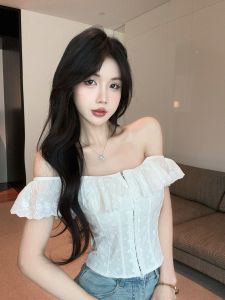 GUZILIAN | French Style Pure Desire Fashion T-Shirt One Shoulder Lace Trim Versatile Slimming Top Korean Version Knitted Mid Waist Summer Short Sleeve