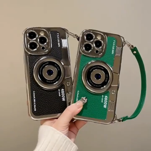 แบบย้อนยุคสุดหรูมือกล้องสเตอริโอมีเคสโทรศัพท์มีสายคล้องสำหรับ Iphone 16 ProMax 16pro 15 pro 14 Plus 13 Pro Max 11 12 Magsafe แบบหนังทนทานต่อสิ่งสกป กันการตกหล่น เปลือกนิ่มชุบไฟฟ้า