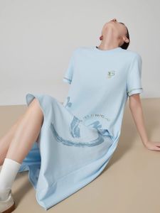 XIAODADEHUA | Blue Stylish Printed Short Sleeve Loose Irregular Hem T Dress