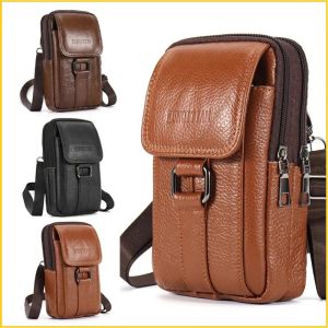 Mens Shoulder Bag Cell Phone Crossbody Purse Phone Holster Case Genuine Leather Belt Waist Bags Pouch Small Messenger Slim Bag 100% Genuine Leather