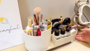 ộp Đựng Mỹ Phẩm Đồ Trang Điểm Cao Cấp - Khay Đựng Đồ Kèm Hộp Đựng Cọ Phấn Xoay 360 Độ Tiện Dụng Phong Cách Châu Âu