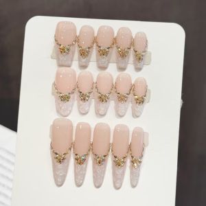 10PCS Handmade Press on Nails False Nails Golden butterfly diamond Wearable Full Cover French Light luxury flash drill design