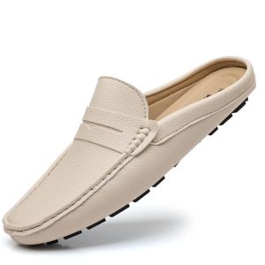 Summer Slip-on Loafers Soft Leather Slippers High Quality Flats Male Walking Shoes Casual Loafers Half Shoes for Men Lazy Shoe