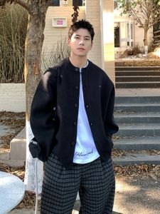 Áo Len Cardigan American Style Dáng Rộng Cổ Tròn Màu Trơn Đơn Giản Đa Năng Cho Nam Mùa Thu Thường Ngày