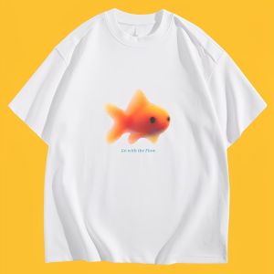 Sanrio | Aesthetic Goldfish Graphic T-Shirt Go With The Flow Slogan Print Summer Short Sleeve Harajuku Kawaii Casual Streetwear Tee Top