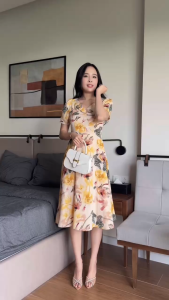 Đầm xòe họa tiết cổ V ngực đính hoa lá có túi - GR0360.1 (HÌNH THẬT SHOP CHỤP VÀ QUAY VIDEO)
