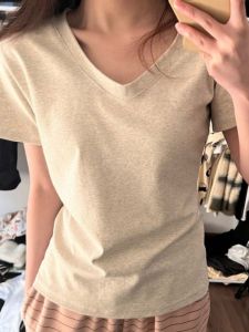 Slim Fit Short Sleeve V-Neck T-Shirt Womens Cotton Basic Versatile Summer 2024 New Style Shoulder Width Regular Macaron Color