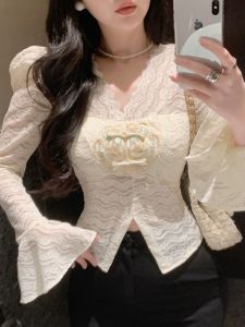 GUZILIAN | Elegant Pure Desire Lace Base Shirt Womens V-neck Long Sleeve Waist-cinched Chinese Style Top Korean Version Flared Sleeves