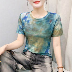 Yimei Áo thun ngắn tay in lưới nhuộm cổ tròn cho nữ mùa hè Áo co giãn cổ điển đa năng và phong cách phong cách mới