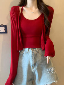 เสื้อคาร์ดิแกนถักสีแดง Ankela สำหรับผู้หญิง แขนยาว เสื้อชั้นใน ชุดสองชิ้น ฤดูใบไม้ร่วง 2024 ผ้าฝ้าย 100% ทรงสลิมฟิต
