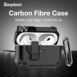 Sanptoch Carbon Fiber Lock Clip Airpods Case For Airpods 4 / Pro 2 / 3rd / 2 / 1 Armor Protective Casing Shockproof Rugged Full Cover With Keychain