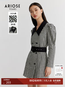 Ariose French Style Black White Gingham Spring Dress High Waist Bubble Sleeve Button up Office Commute Short Dress Cotton 100%