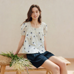 INMAN | French Stripes Floral Lace Square Neck Puff Sleeves Loose Blouse