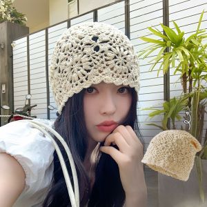 Red Knitted Lace Hat Handmade Crochet Hollow Weave Small Face Flop Cap Casual Style round Top Polyester Fiber Spring Summer Autumn