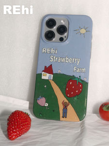 REhi Original Texture Pattern Transparent IMD Phone Case for iPhone15 ProMax Strawberry Farm Design Apple Compatible