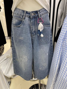 QIANCHANGNAAI | American Retro Cartoon Cat Summer High-Waist Wide Leg Womens Denim Shorts