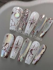 Nhựa Giả Móng Tay Thủ Công Màu Cầu Vồng Mắt Mèo Mặt Trăng Và Mặt Trời Mây Bướm Vàng Được Đốt Lên Có Thể Tháo Rời Cung Thủ