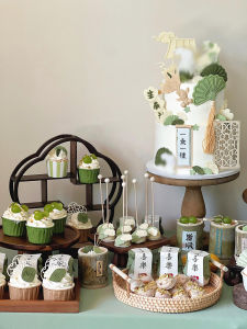 Green Chinese Style Baby Boy Birthday Cake Topper Decoration Bamboo Cup Sticker Cut Shape Sign Festive Celebration Supplies