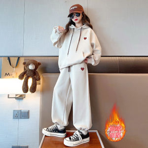 Girls Fleece Lined Thickened Sweatshirt Pants Set Spring Autumn New Style Children Fashionable Outfit Two Pieces Set for Big Kids