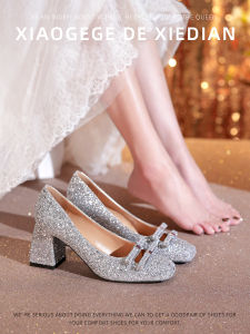 Princess Style Crystal Wedding Shoes Womens Show Heel Shoes Two-Way Wear Hollow out French Style High Heels Fashionable Glitter Leather