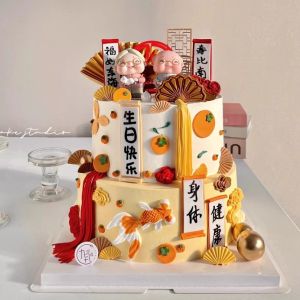 New Chinese Style Birthday Cake Decoration Plugin Grandpa Grandma Longevity Orange Pomegranate Label Festive Celebration