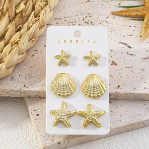6Pcs Exquisite Starfish Shell Stud Earrings Fashionable CCB Earring Set Womens Summer Beach Party Jewelry Gifts