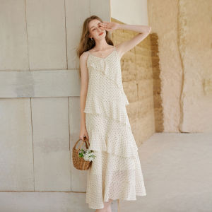 XIANGYING | White French Polka Dot Irregular V-Neck Maxi Dress Summer Style Cake Skirt